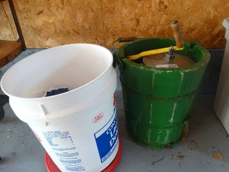 lot 2324 image: Old Hand Crank Ice Cream Freezer & Rock Salt in Bucket.