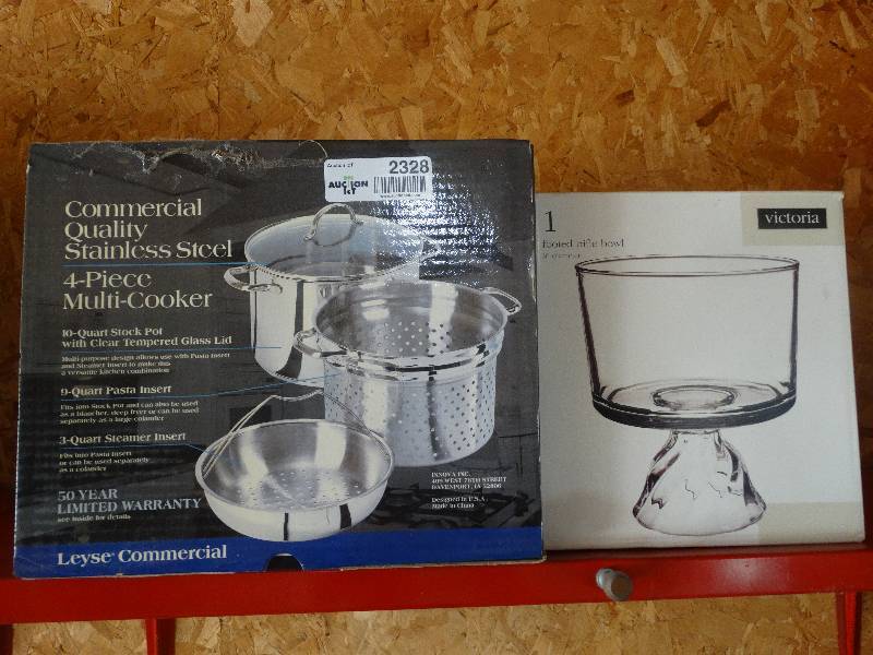 lot 2328 image: Stainless Steel 4pc. Multi-Cooker Set, & Footed Trifle Bowl.