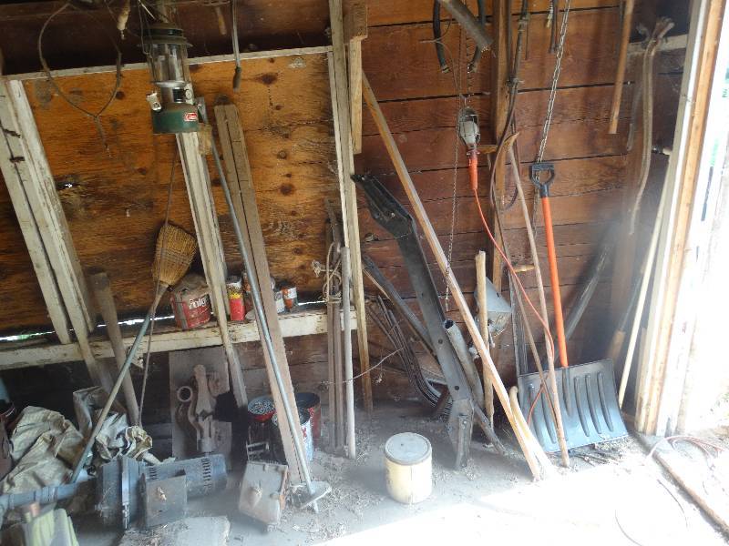 lot 2352 image: Other contents of shed- Lumber work bench long handle tools misc