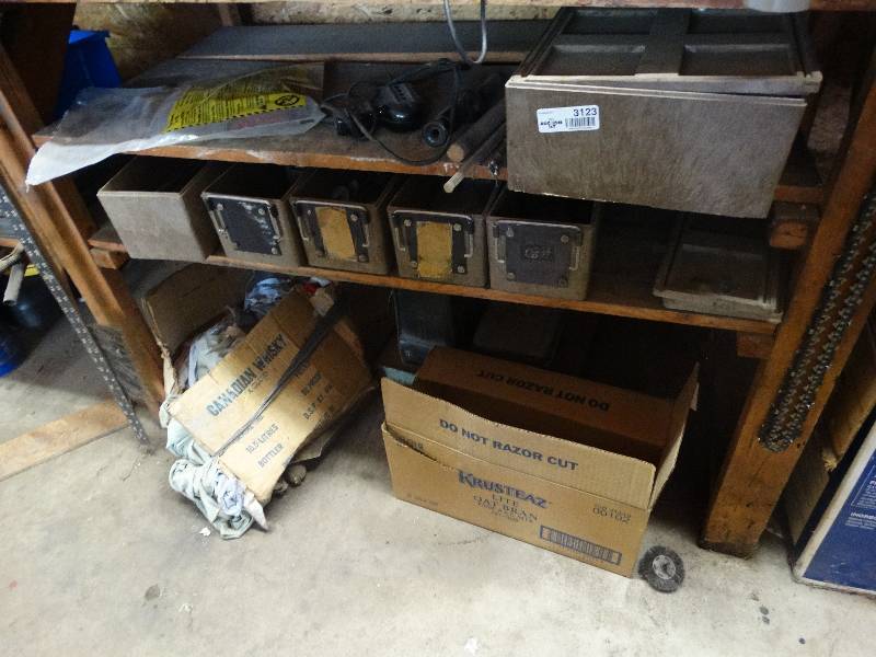 lot 3123 image: Contents of shelf. bins and misc items.