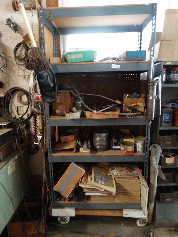 lot 3131 image: Shelf and contents. Lot of misc hardware, magazines, etc.
