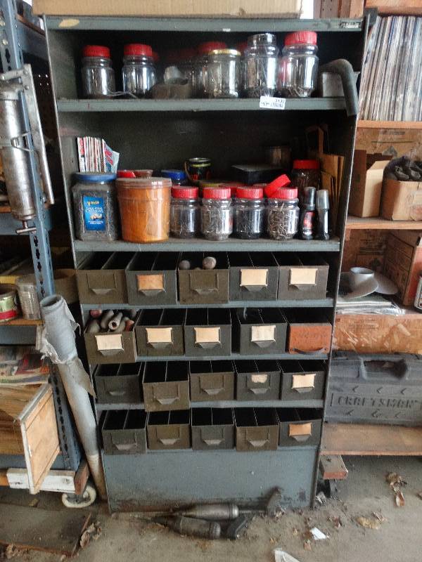 lot 3132 image: Shelf and contents. Lot of  hardware and bins.