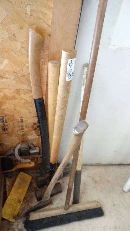 lot 3002 image: Sledgehammer, push broom, splitter and axes.