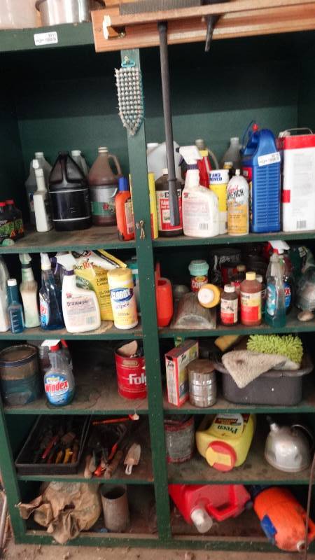 lot 3010 image: Contents of shelf. Chemicals, hand tools, motor and lawn mower oil, etc. shelf not included.