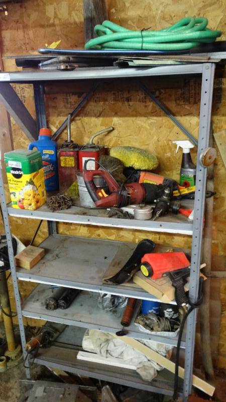 lot 3020 image: Contents of shelf. Chicago reciprocating saw, speed blaster, Chicago polisher.