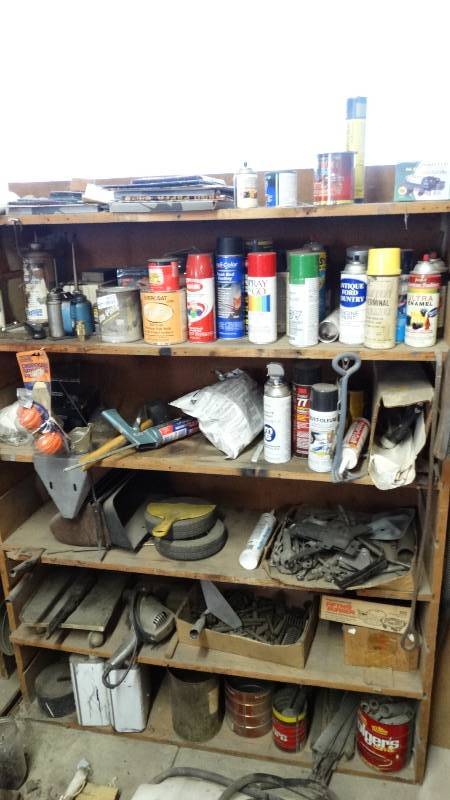 lot 3052 image: Shelf and contents. impact wrench, spray paint, tools and more.