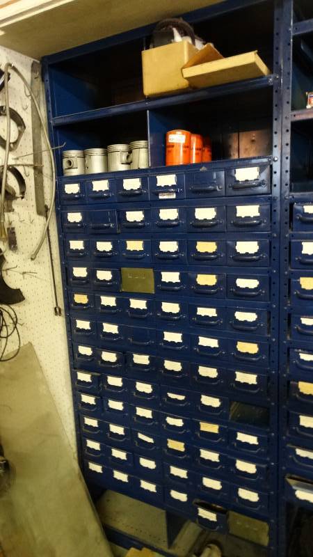 lot 3069 image: Metal shelf and hardware bins. no contents.