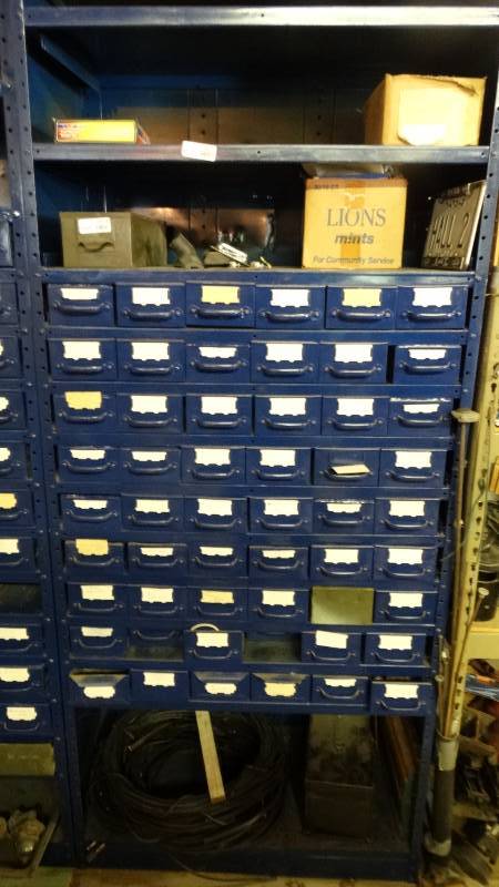 lot 3071 image: Metal shelf and hardware bins. No contents.