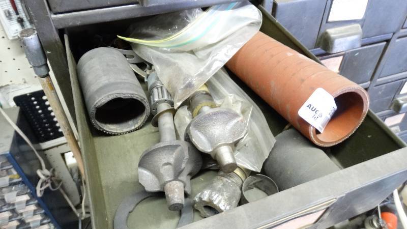 lot 3083 image: Contents of bins. vice grips, chisels, files, punches, and more.