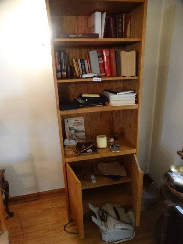 lot 567 image: Wood bookshelf w contents- fax machine books misc.