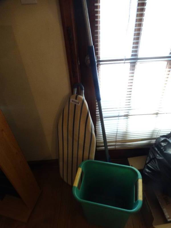 lot 569 image: Broom & dust pan trash can & ironing board