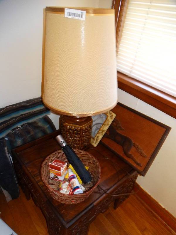 lot 591 image: Lamp small wood table misc.