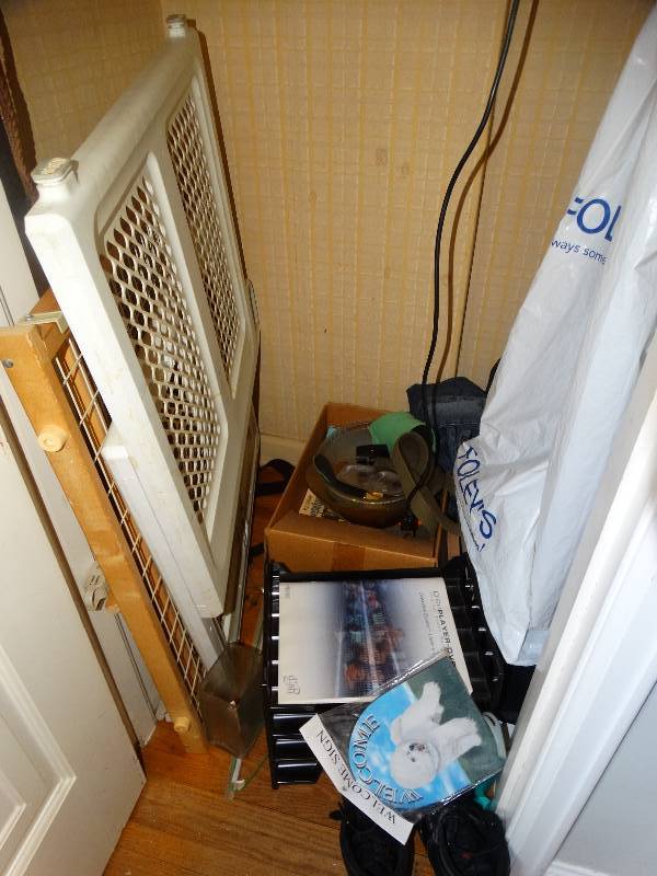 lot 625 image: Contents of closet- clothes monitor luggage CPU misc.