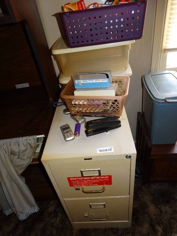 lot 641 image: 2 drawer file cabinet w totes