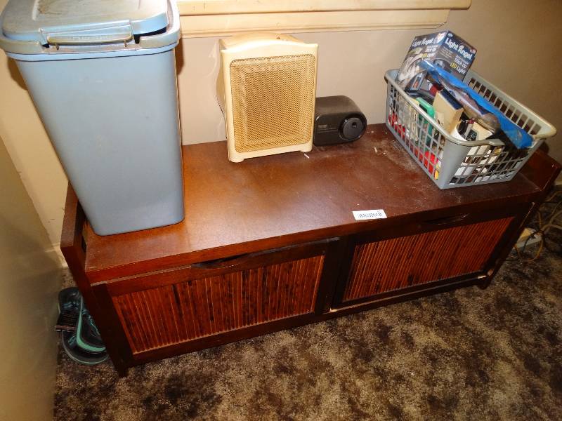 lot 642 image: Wood bench w storage & contents