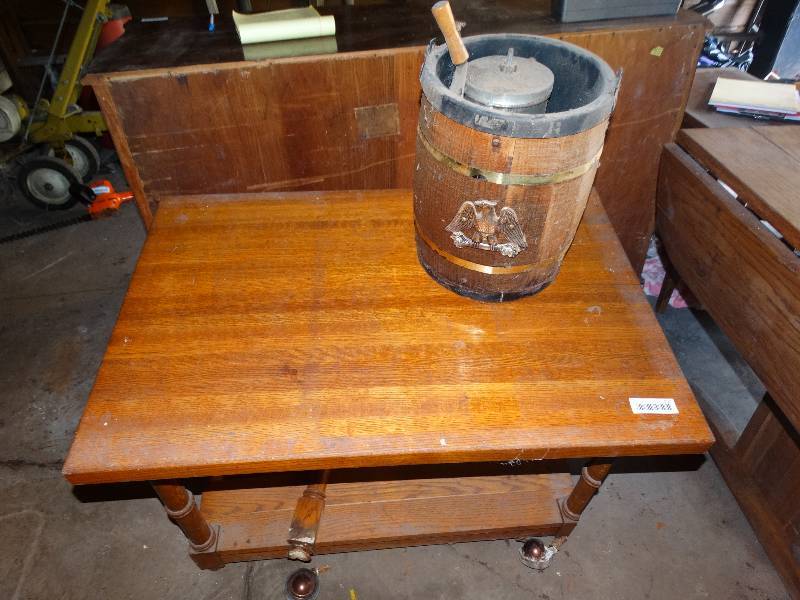 lot 717 image: Vintage ice cream maker & oak table