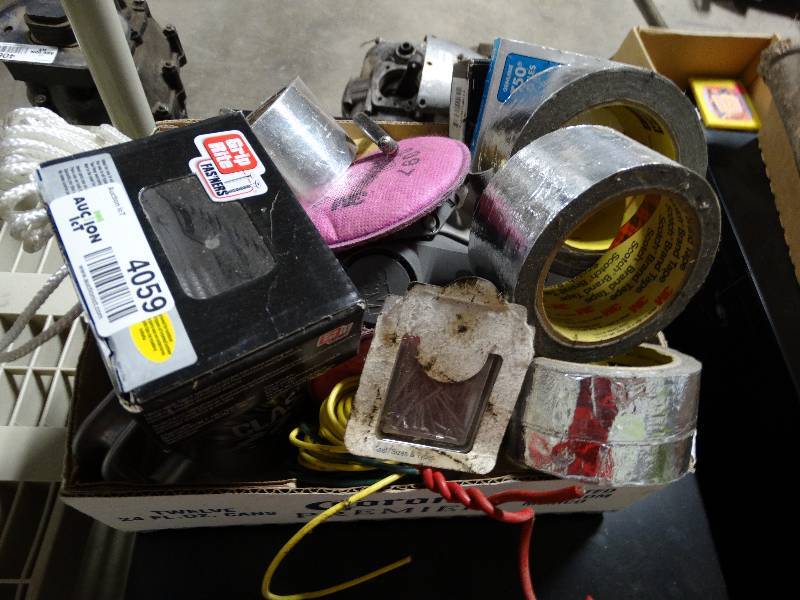 lot 4059 image: Lot of screws, staples, wire, exhaust tape, paint mask.