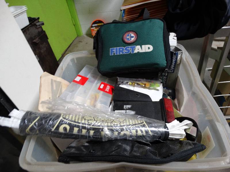 lot 4116 image: Tote wfishing stuff, piggy bank, first aid bag & more.