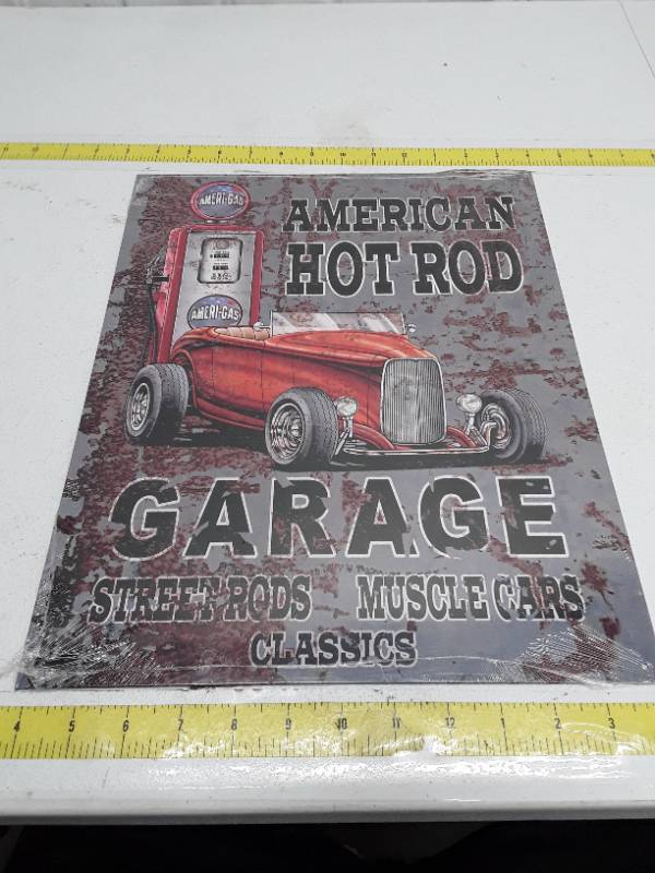 lot 31457 image: Tin Sign, 12 x 16 - American Hot Rod Garage