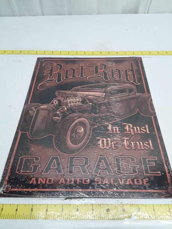 lot 31459 image: Tin Sign, 12 x 16 - Rat Rod Garage