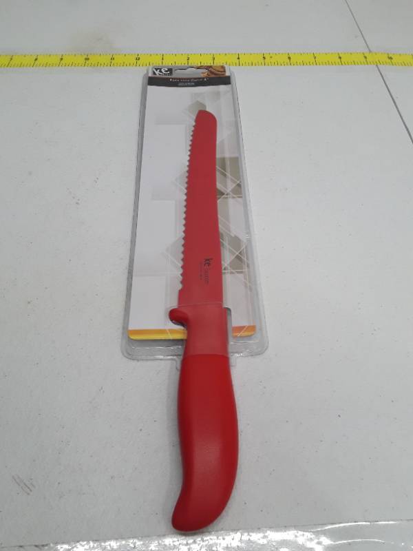 lot 28003 image: ke home - 8 Non-Stick Scalloped Bread Knife - Red