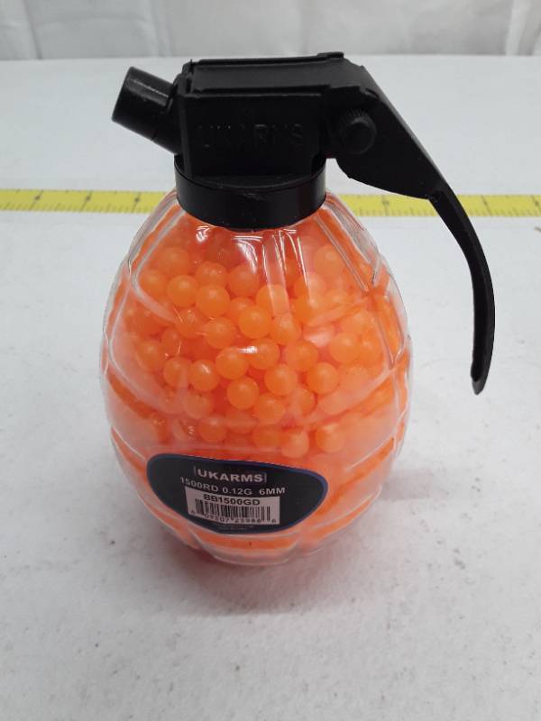 lot 29015 image: 1500 UK Arms .12g Airsoft BBs w Quickload Grenade Container - Orange