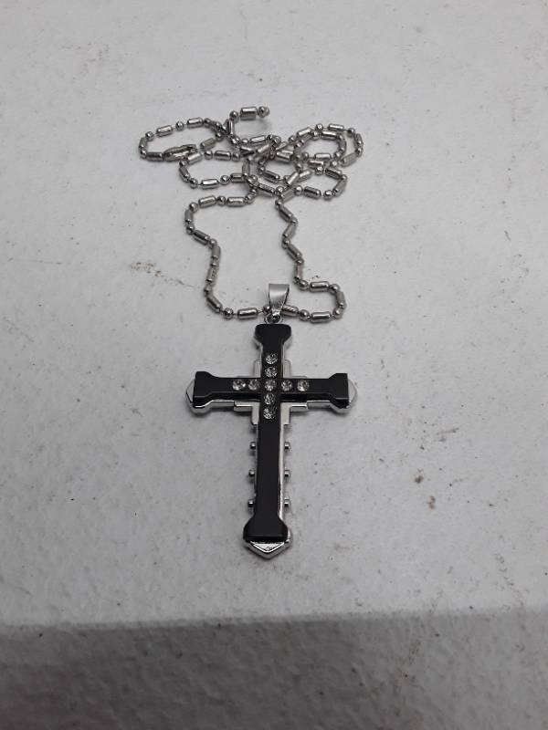 lot 29163 image: 1pc Rhinstone Cross Pendant Necklace - Mens - Black
