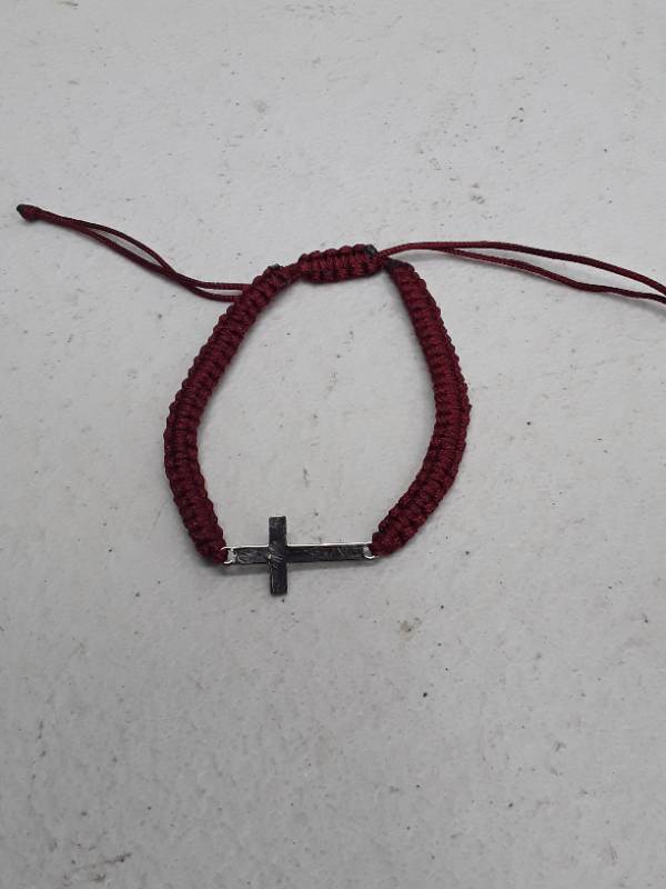 lot 29186 image: 1pc Mens Hand Braided Stainless Steel Cross - Burgundy