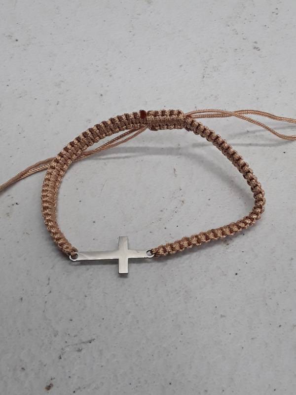 lot 29191 image: 1pc Mens Hand Braided Stainless Steel Cross - Khaki