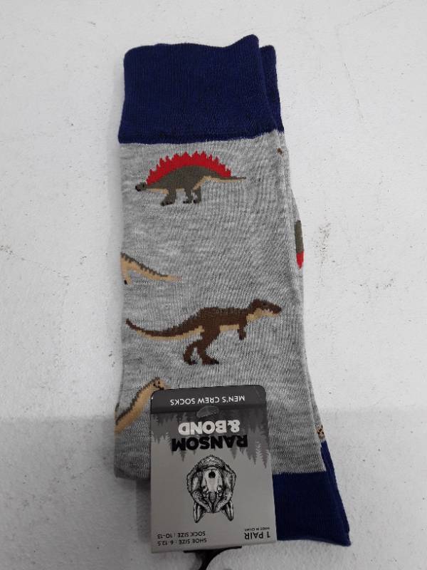 lot 29425 image: Ransom & Bond Mens Crew Socks - 1 Pair - Size 10-13 - Dinosaurs