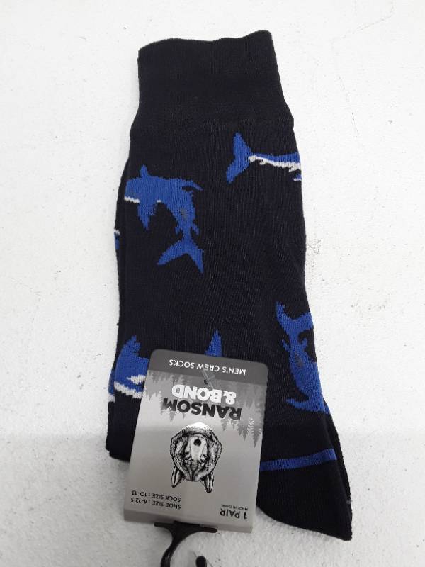 lot 29431 image: Ransom & Bond Mens Crew Socks - 1 Pair - Size 10-13 - Shark