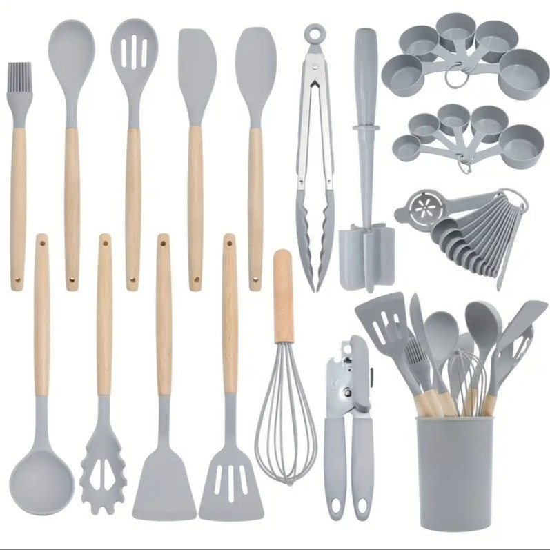 lot 29887 image: 36-Piece Premium Non-Stick Silicone Kitchen Utensil Set Ergonomic Wooden Handles Durable Heat-Resistant Easy Clean Safe Cooking
