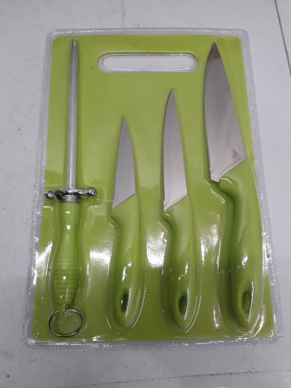 lot 29987 image: 1 Cutting Board3 knives1 Knife Sharpener Set - Dishwasher Safe