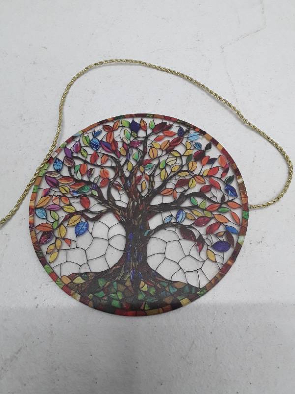 lot 31815 image: Colorful Tree of Life Stained Glass Wall Hanging - 6 inch diameter