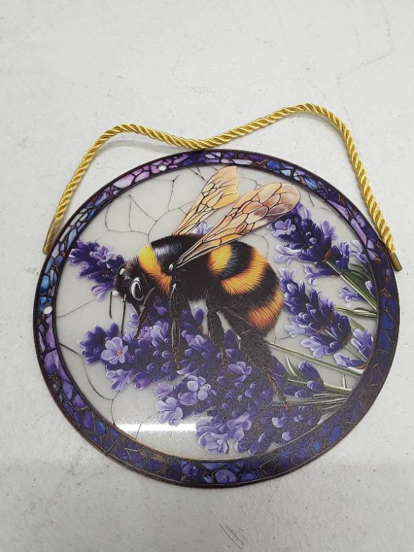 lot 31820 image: Decorative Bumblebee and Lavender Glass Suncatcher - 8 inch diameter