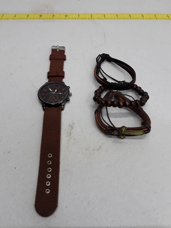 lot 56887 image: Watch & Bracelet Set - Tan Canvas