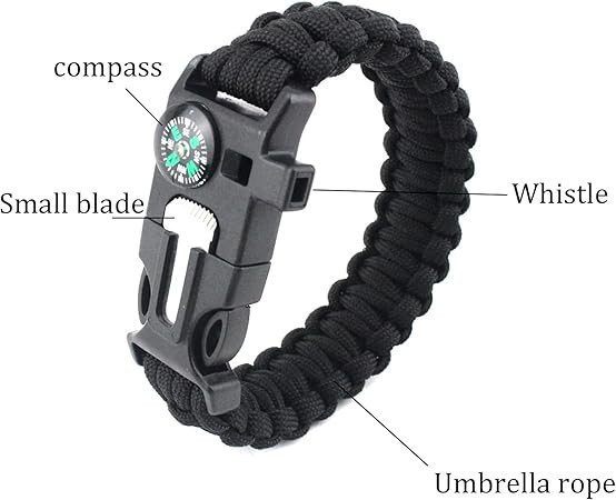 lot 57195 image: Braided Nylon Strap, Multi-functional Survival Bracelet, Outdoor Survival Bracelet, Compass, Whistle and Parachute Buckle for Hiking, Camping, Boating, Emergency or Other Outdoor Activities - Black