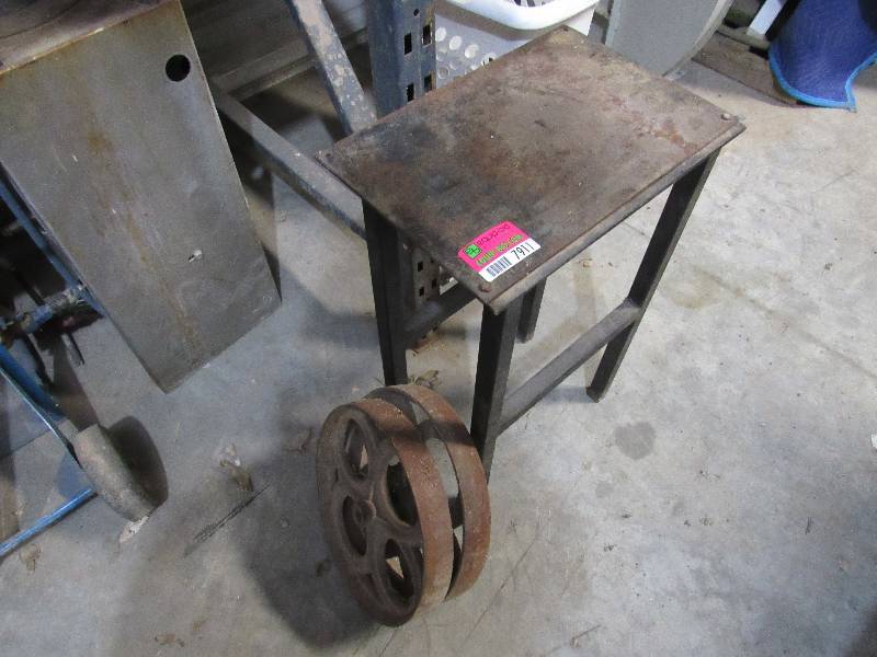 lot 7911 image: Metal Table  Stand & 2 Antique Belt Pulleys