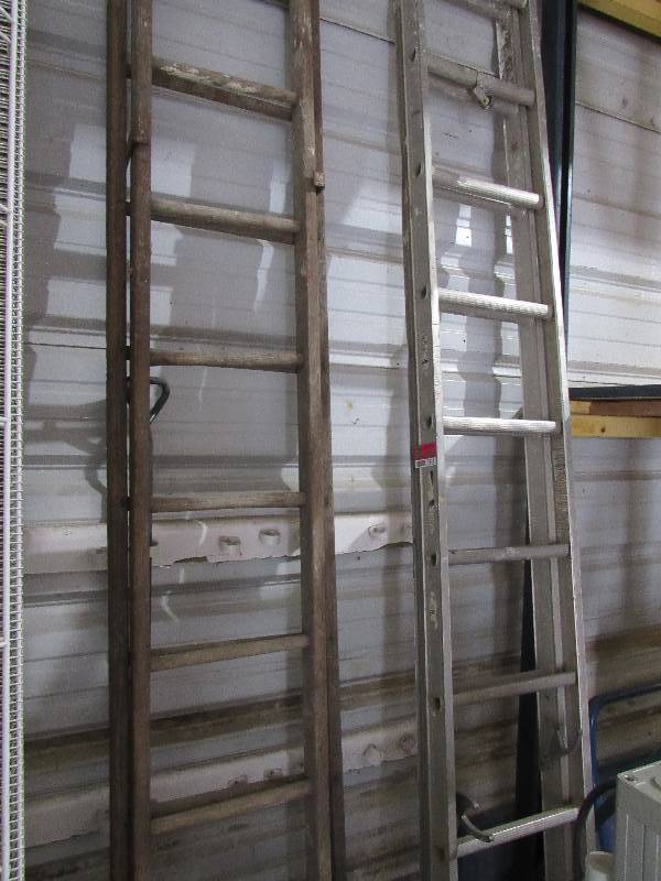 lot 7919 image: Lot of 2 Antique Wood Ladders & 1 Metal Ladder