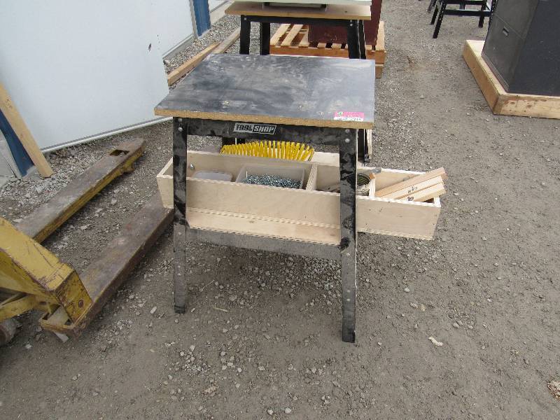 lot 7946 image: Tool Stand with Wood Box of Hardware  Misc.