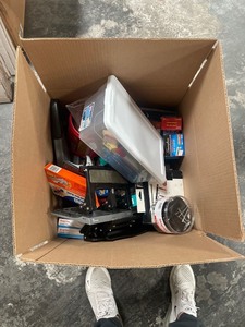 lot 7862058 image: miscellaneous box of office supplies, staples, staplers , hole punches, paper clips, tape, tape dispensers, rubber bands, clips, bic pens