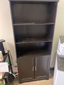 lot 7862152 image: 6ft tall wood shelf with bottom cabinet