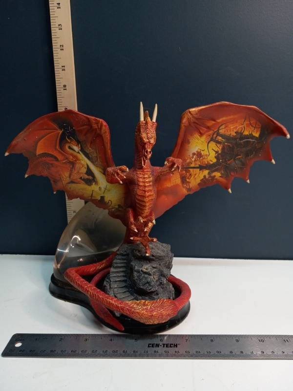 lot 1154 image: Fantasy Red Dragon Figurine with Battle Scene Wings
