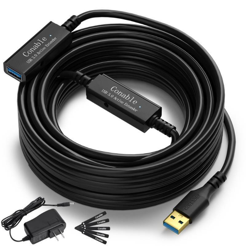 lot 24982 image: USB 3.0 Active Extension Cable 50 Feet, Long USB Type-A Male to Female Extender Cord, Built-in 2 Signal Booster Smart Chips, 5Gbps Transfer, Black USB Extension Cable with an AC Power Adapter (5V 2A)