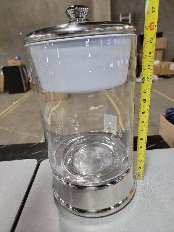 lot 12628 image: Large Glass and Chrome Display Container with Lid