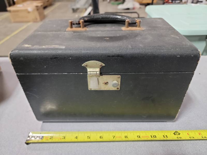 lot 12645 image: Vintage Black Leather Storage Box with Red Interior 12 in Wide