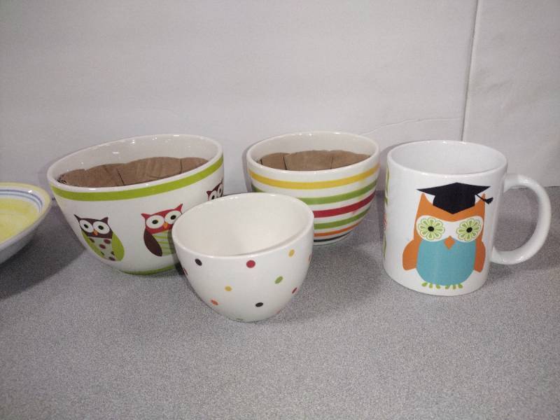 lot 12649 image: Cute Owl Pattern Ceramic Kitchen Lot, Includes 3 Nesting Bowls from BW Trading Corp, Graduation Mug & Yellow & Striped Shallow BowlPlate