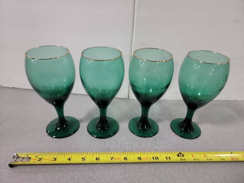 lot 12661 image: Vintage Green Glass Wine Goblets with Gold Rim - Set of 4