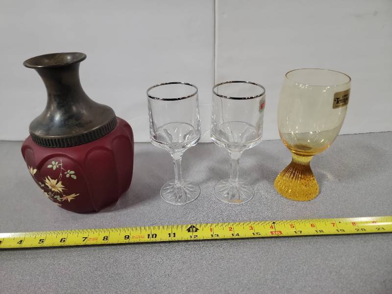 lot 12663 image: Vintage Glassware Collection with Burgundy Vase