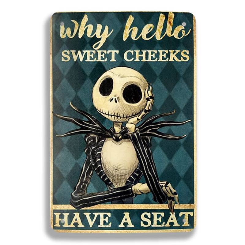 lot 25215 image: WHY HELLO SWEET CHEEKS HAVE A SEAT - Jack Skellington Vintage Metal Tin Signs Retro Halloween Nightmare Before Christmas Wall Decorations for Kitchen Bathroom 12 X 8